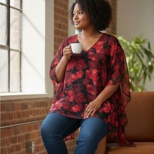 MICHEL STUDIO plus size Black Sheer Blouse with Red Floral Print size 16